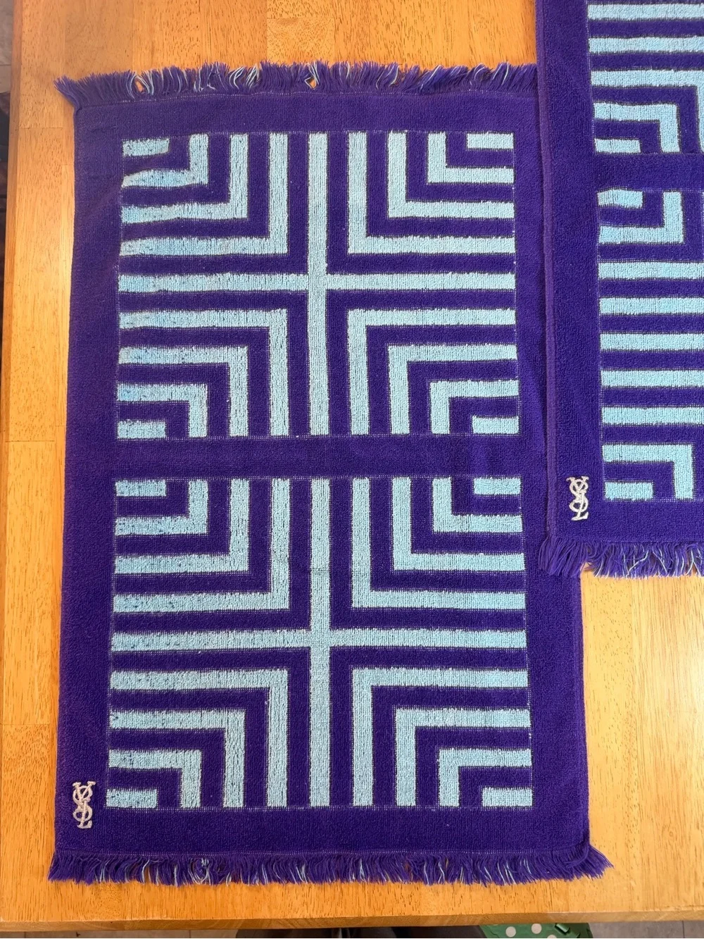 Vtg YSL Yves Saint Laurent Fieldcrest Hand Towel Set 2 FringePurple/Teal Stripe